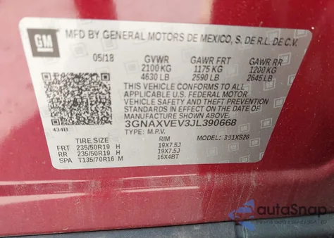 2018 Chevrolet Equinox Premier from USA, damaged, VIN 3GNAXVEV3JL390668